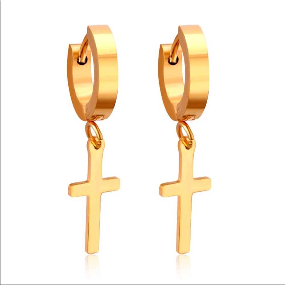 NWT gold plated hoop cross drop earrings jewelry